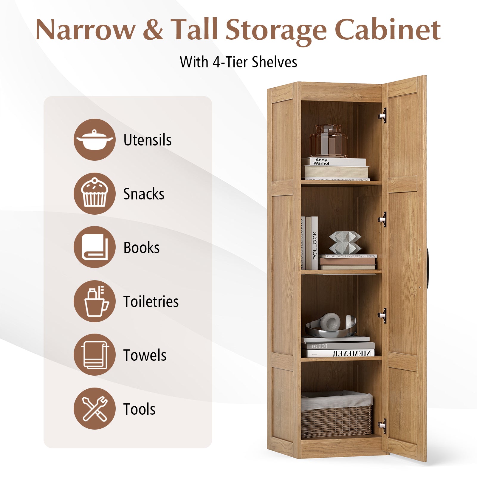 Tall Storage Cabinet with 4 Storage Shelves for Bathroom Living Room, Natural Floor Cabinets at Gallery Canada