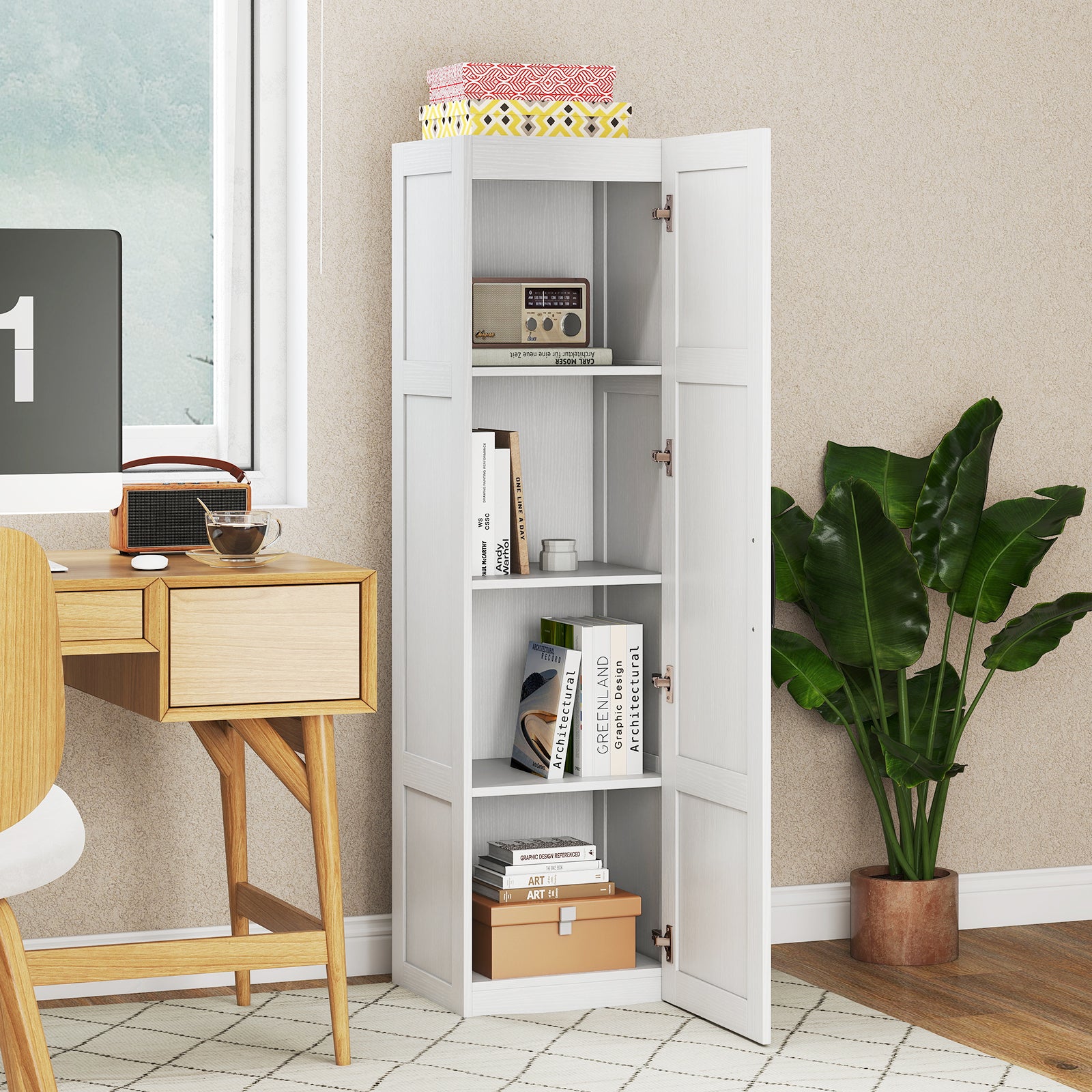 Tall Storage Cabinet, 4 Shelves, White Floor Cabinets at Gallery Canada