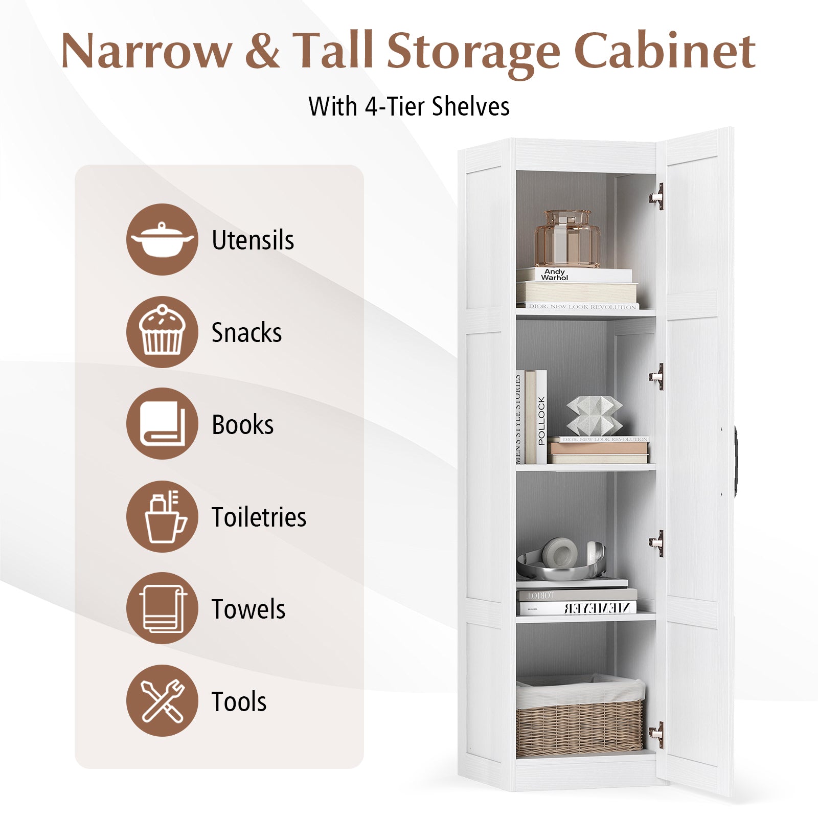 Tall Storage Cabinet, 4 Shelves, White Floor Cabinets at Gallery Canada