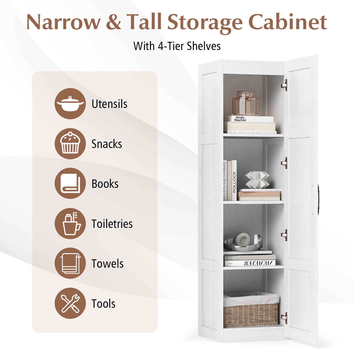 Tall Storage Cabinet, 4 Shelves, White Floor Cabinets at Gallery Canada