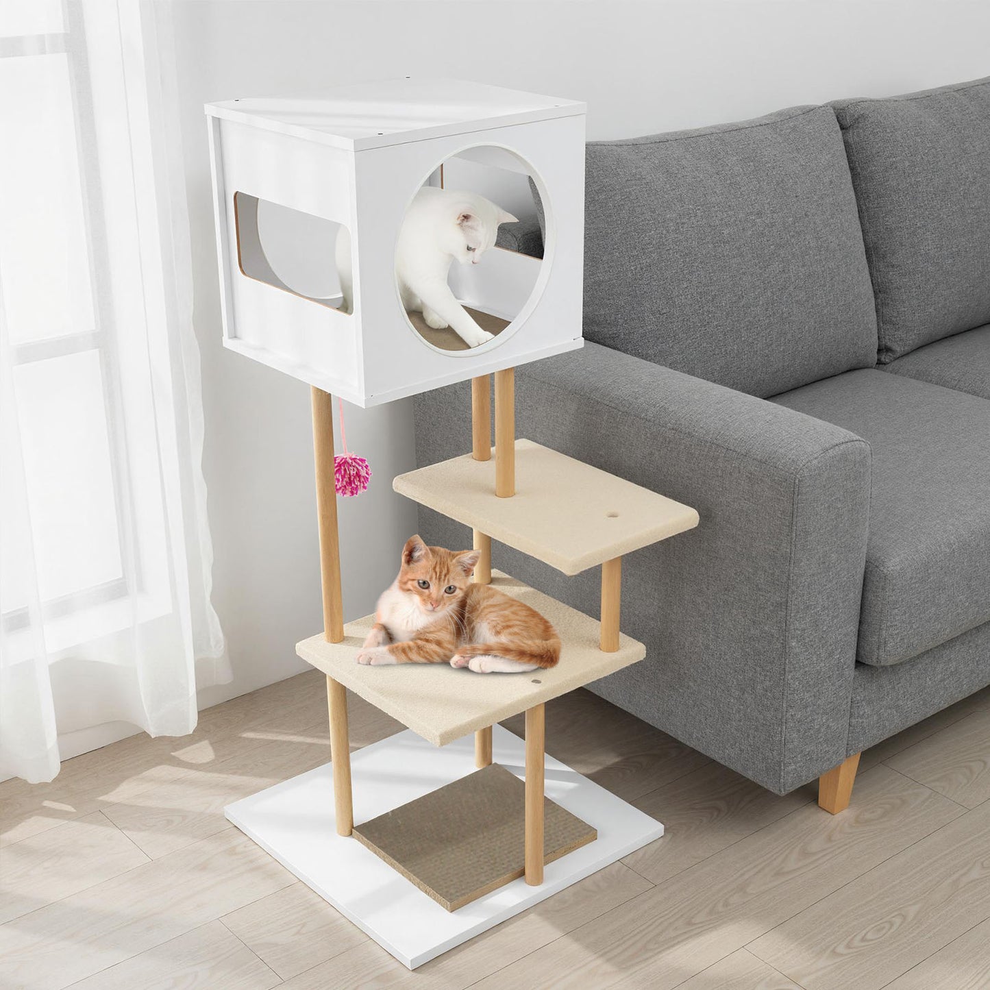 Tall Wood Cat Tower with 2 Corrugated Cardboard, White