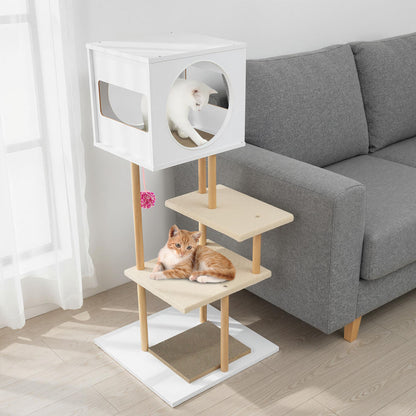 Tall Wood Cat Tower with 2 Corrugated Cardboard, White
