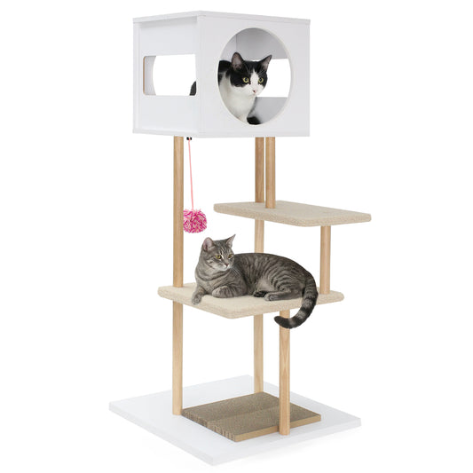 Tall Wood Cat Tower with 2 Corrugated Cardboard, White