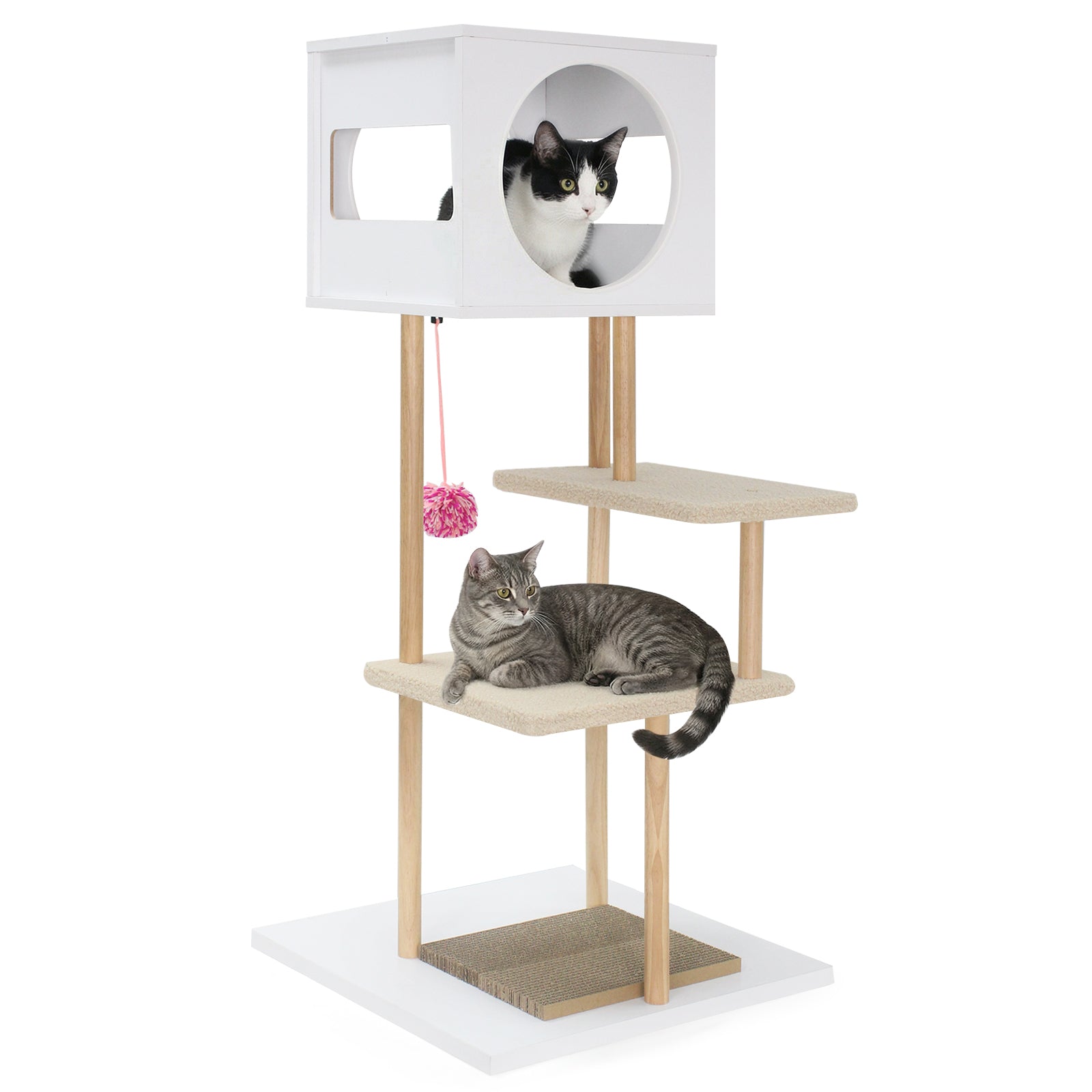 Tall Wood Cat Tower with 2 Corrugated Cardboard, White Cat Trees Condos & Scratchers White at Gallery Canada