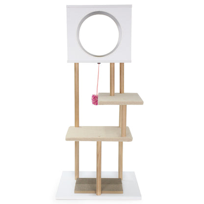 Tall Wood Cat Tower with 2 Corrugated Cardboard, White