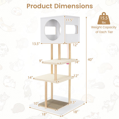 Tall Wood Cat Tower with 2 Corrugated Cardboard, White