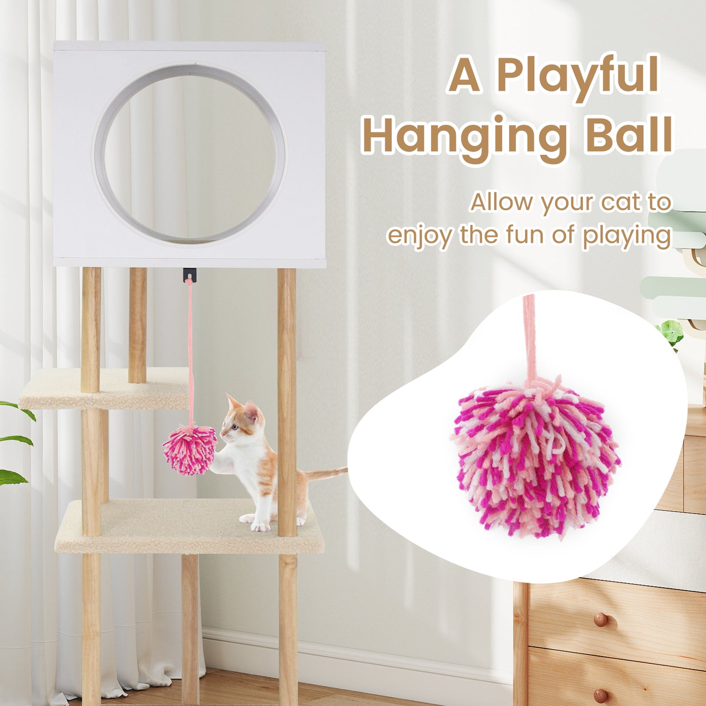 Tall Wood Cat Tower with 2 Corrugated Cardboard, White