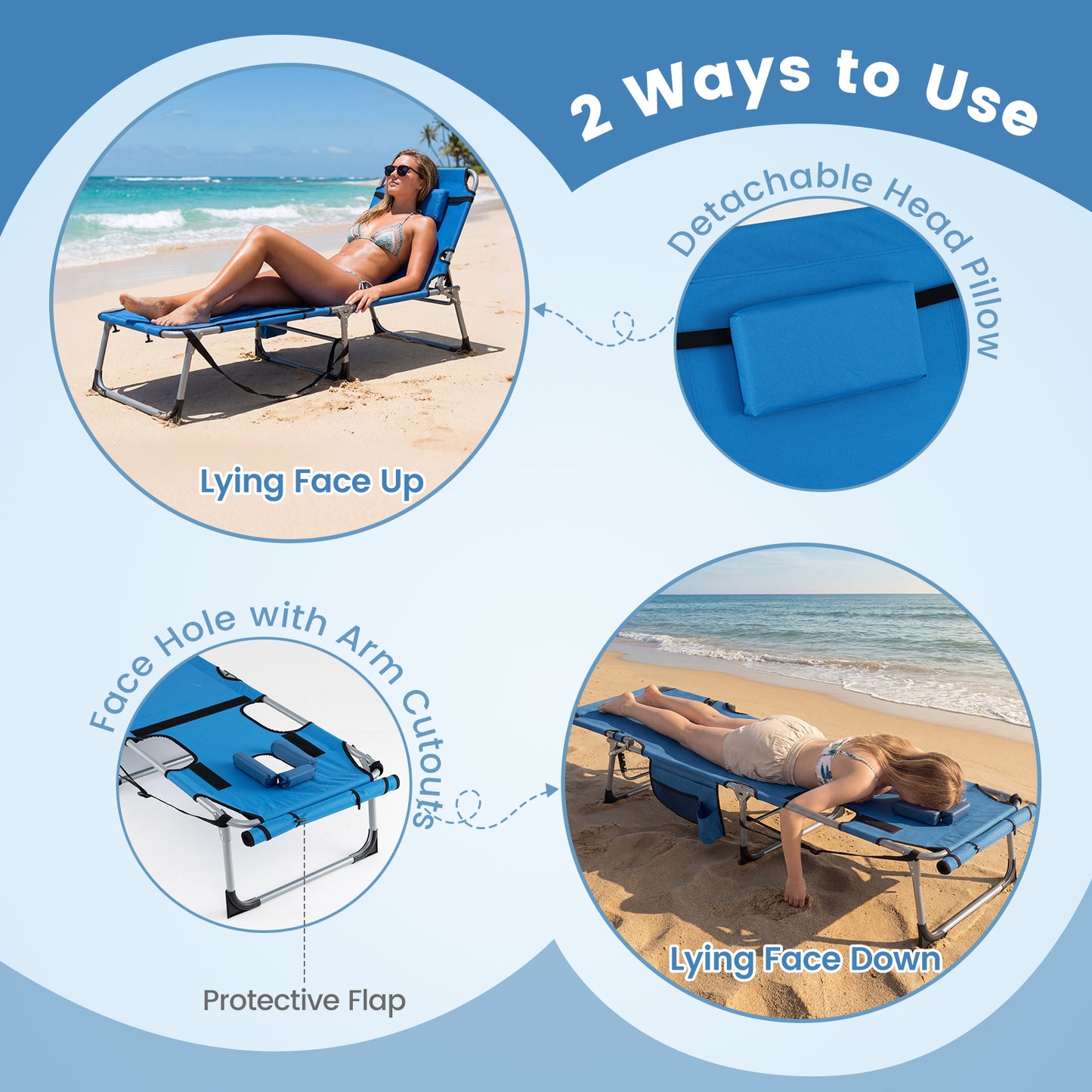 Portable Tanning Chair With Face Arm Holes, Blue Outdoor Chaise Lounges at Gallery Canada