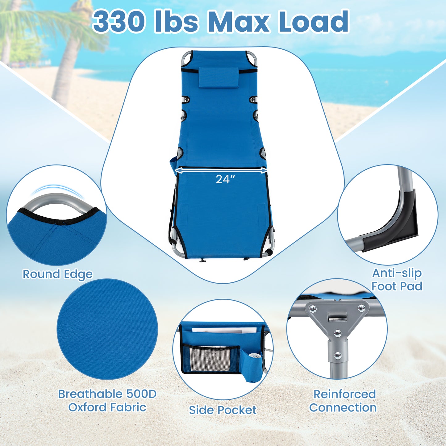 Portable Tanning Chair With Face Arm Holes, Blue Outdoor Chaise Lounges at Gallery Canada