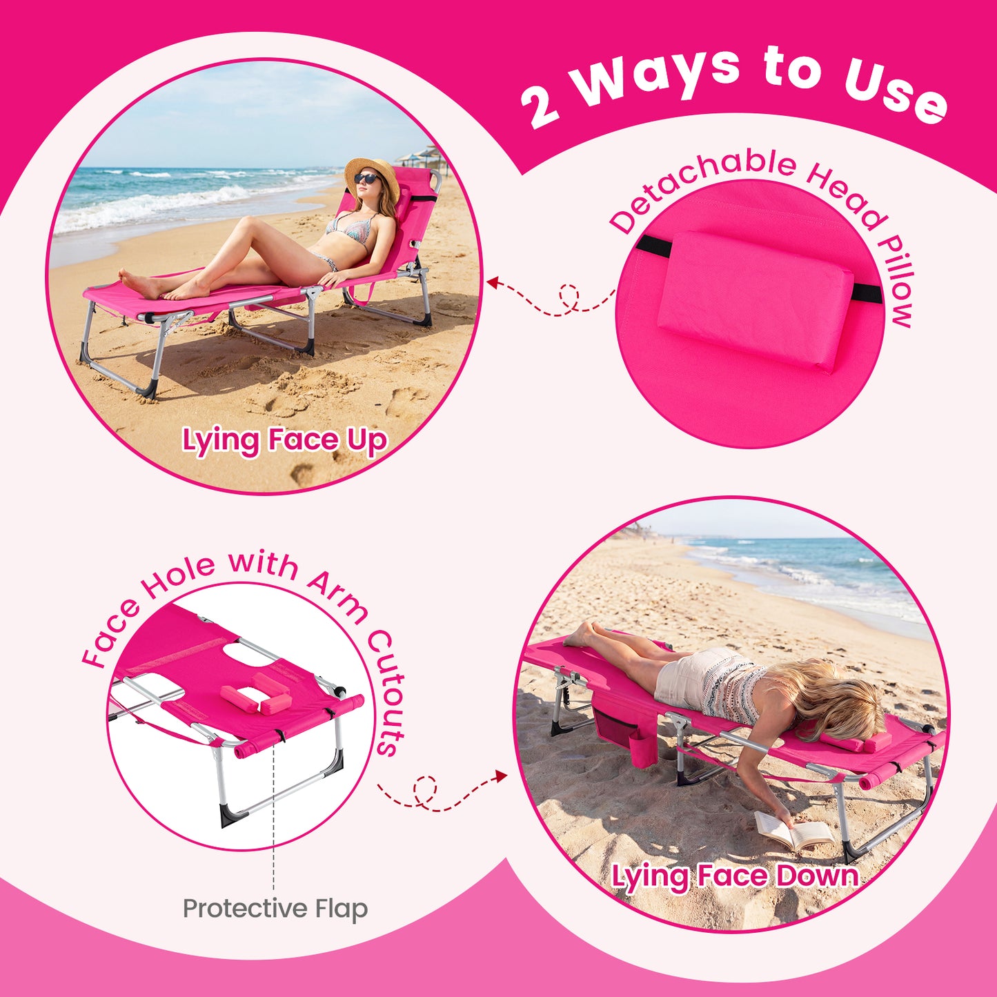 Portable Tanning Chair With Face Arm Holes, Pink Outdoor Chaise Lounges at Gallery Canada