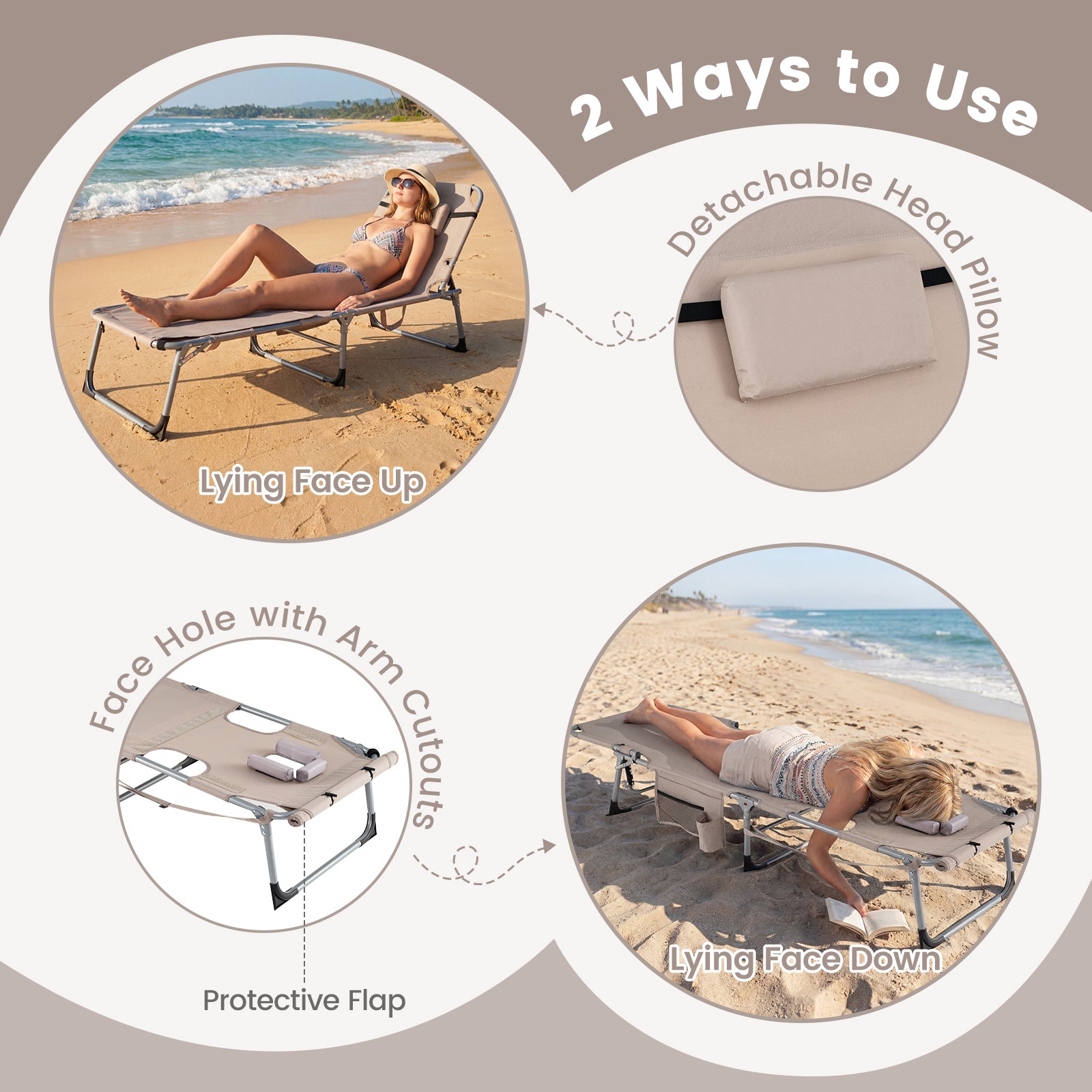 Portable Tanning Chair With Face Arm Holes, Beige Outdoor Chaise Lounges at Gallery Canada