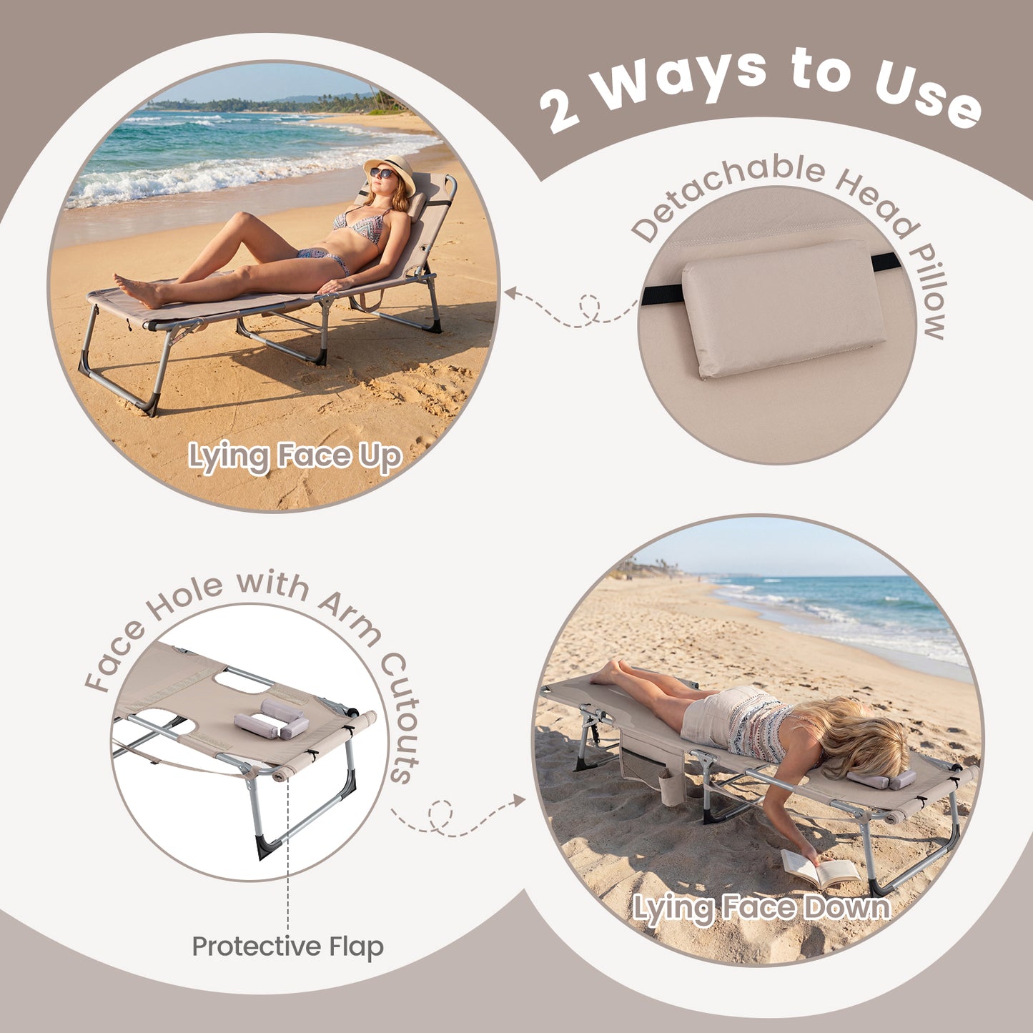 Portable Tanning Chair With Face Arm Holes, Beige Outdoor Chaise Lounges at Gallery Canada