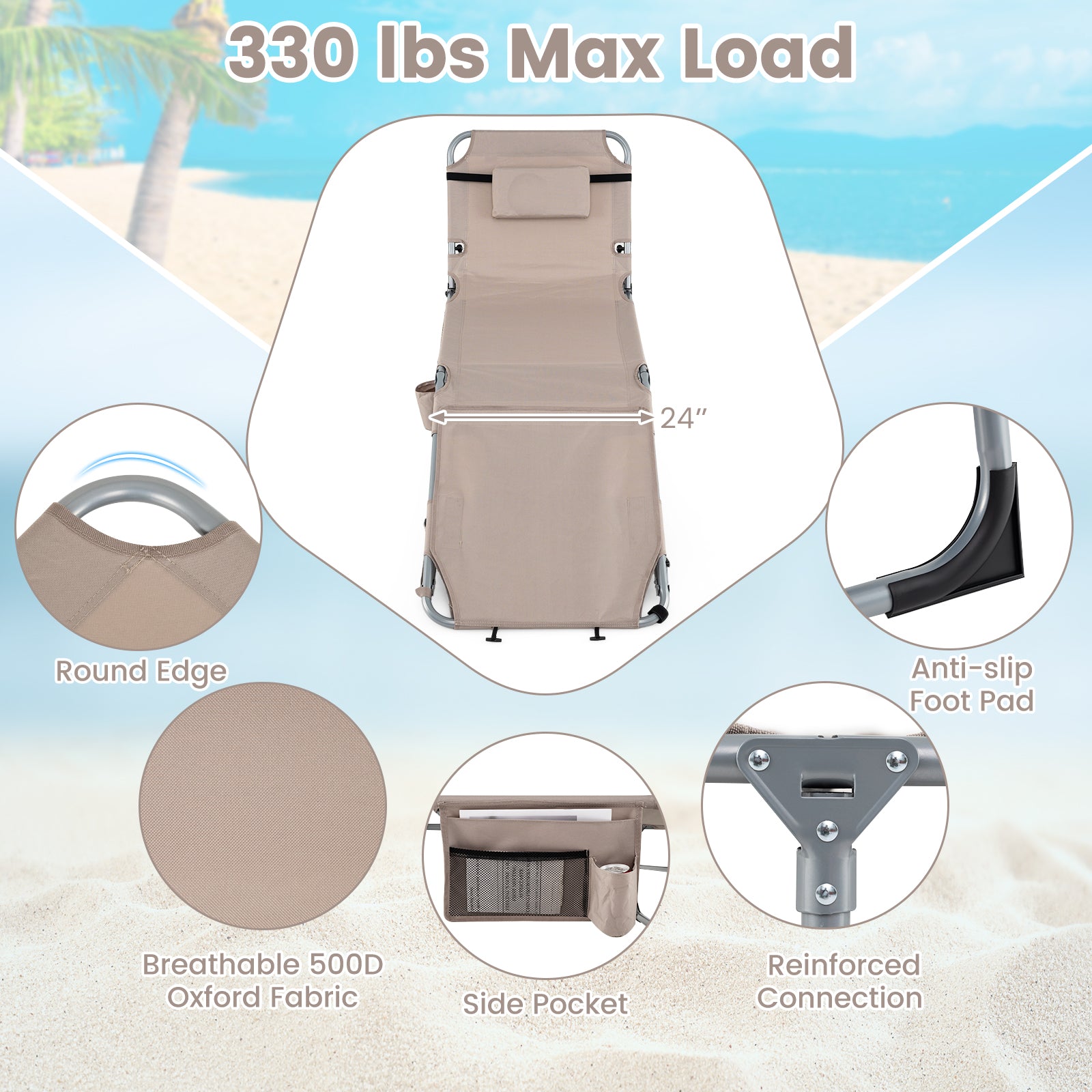 Portable Tanning Chair With Face Arm Holes, Beige Outdoor Chaise Lounges at Gallery Canada