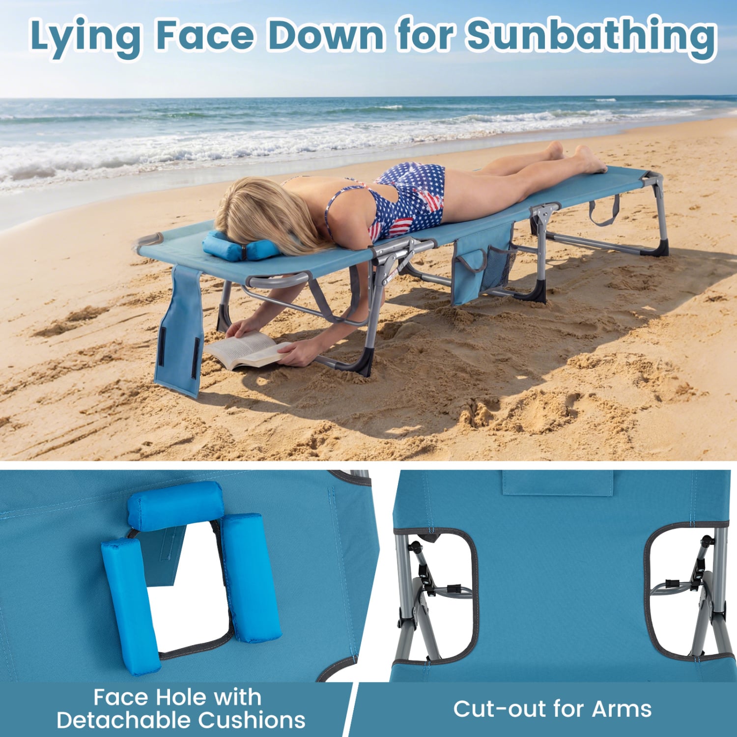 Folding Tanning Chair With Face Arm Holes, Navy Outdoor Chaise Lounges at Gallery Canada