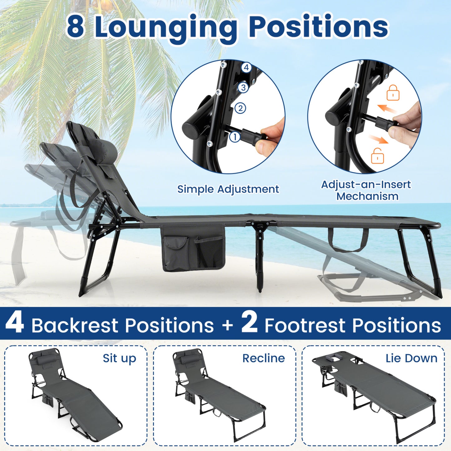 Folding Tanning Chair With Face Arm Holes, Gray Outdoor Chaise Lounges at Gallery Canada
