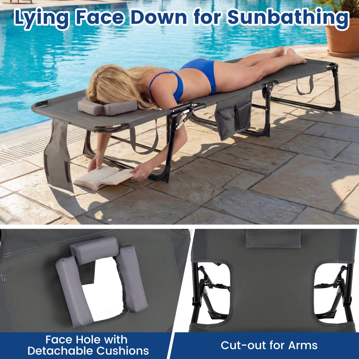 Folding Tanning Chair With Face Arm Holes, Gray Outdoor Chaise Lounges at Gallery Canada