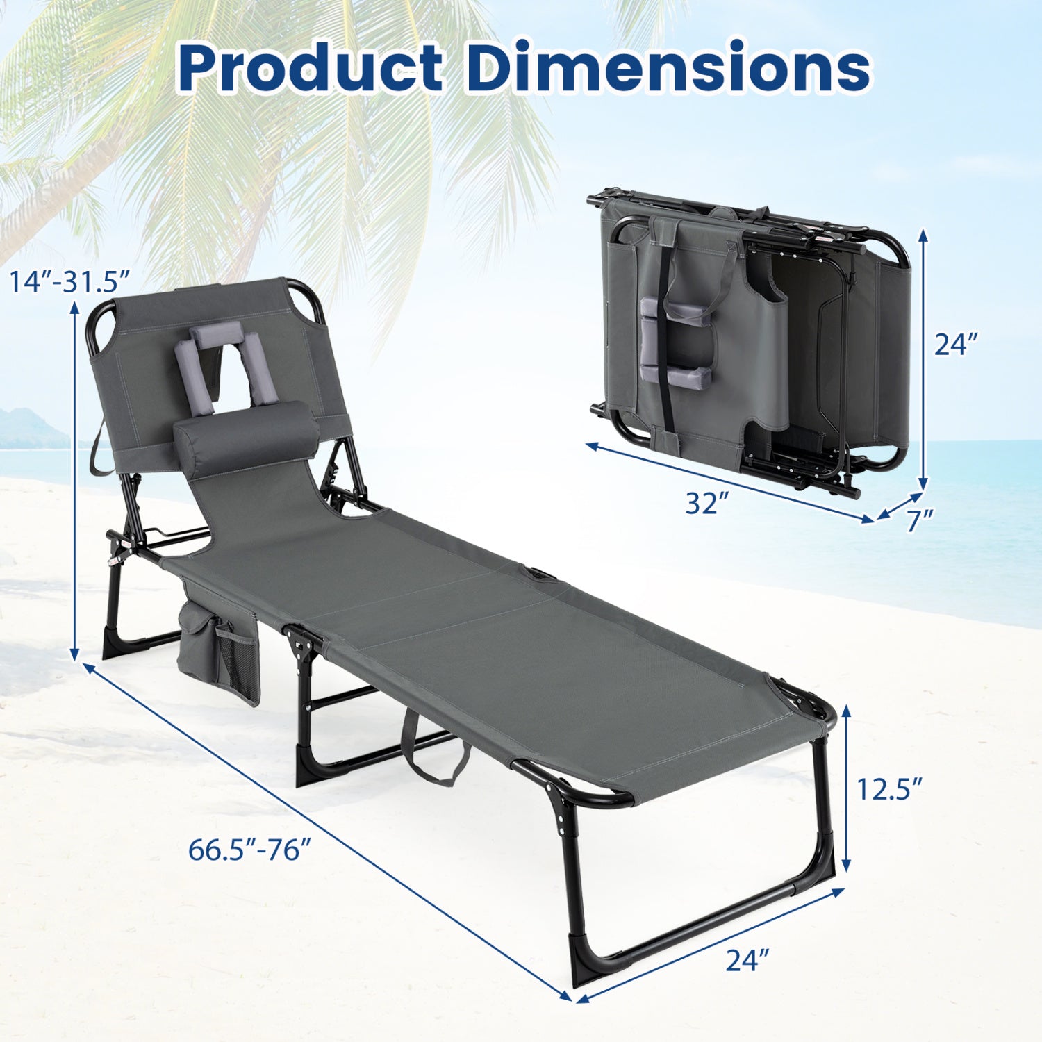 Folding Tanning Chair With Face Arm Holes, Gray Outdoor Chaise Lounges at Gallery Canada