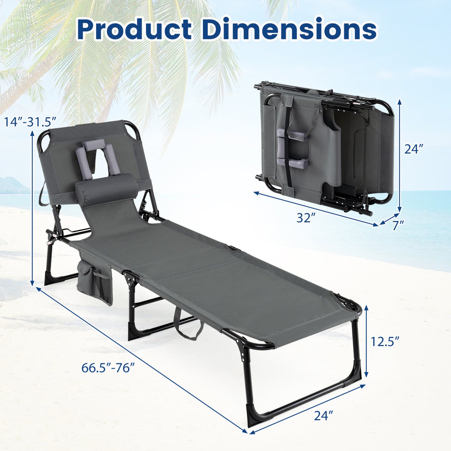 Folding Tanning Chair With Face Arm Holes, Gray Outdoor Chaise Lounges at Gallery Canada