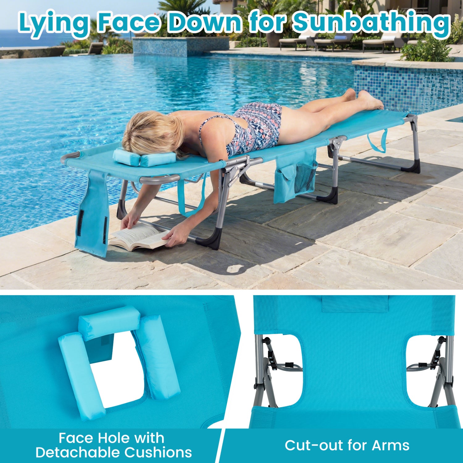Folding Tanning Chair With Face Arm Holes, Turquoise Outdoor Chaise Lounges at Gallery Canada