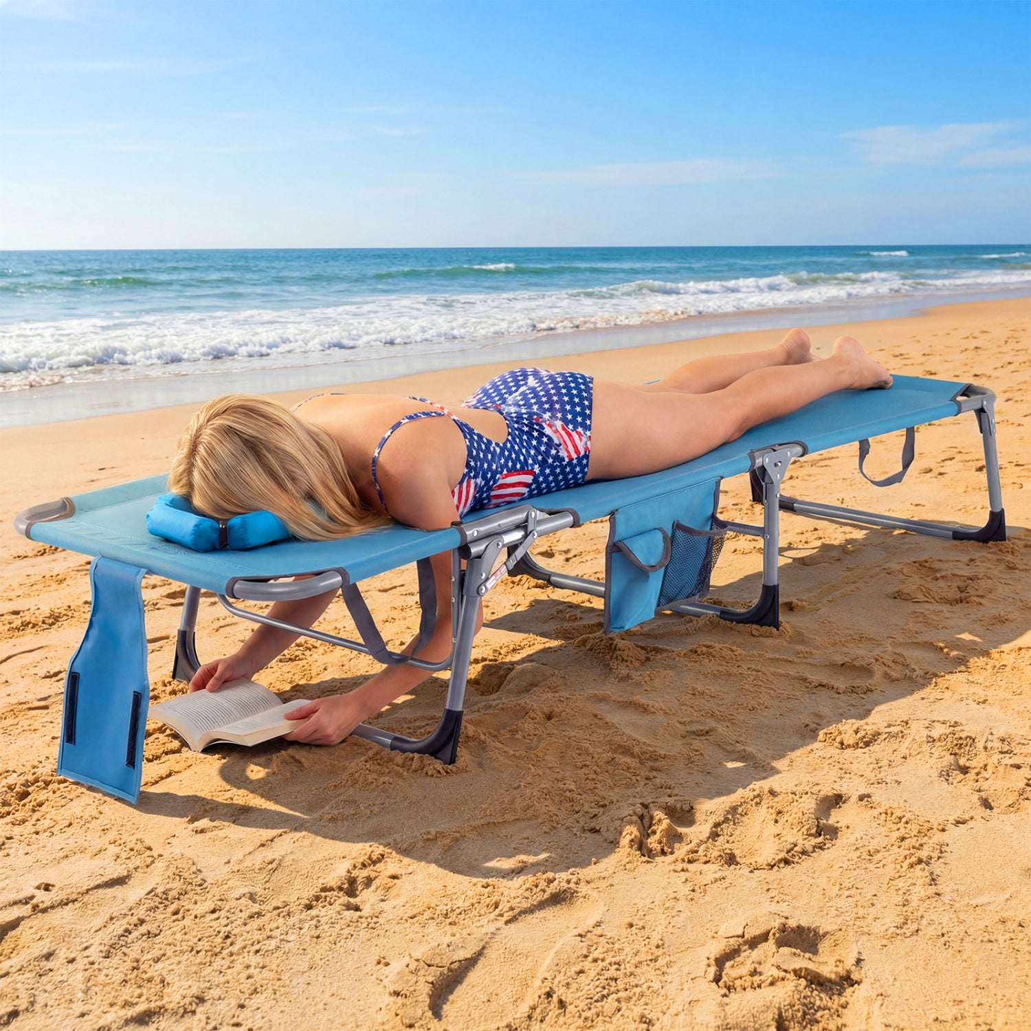 Folding Tanning Chair With Face Arm Holes, Navy Outdoor Chaise Lounges at Gallery Canada