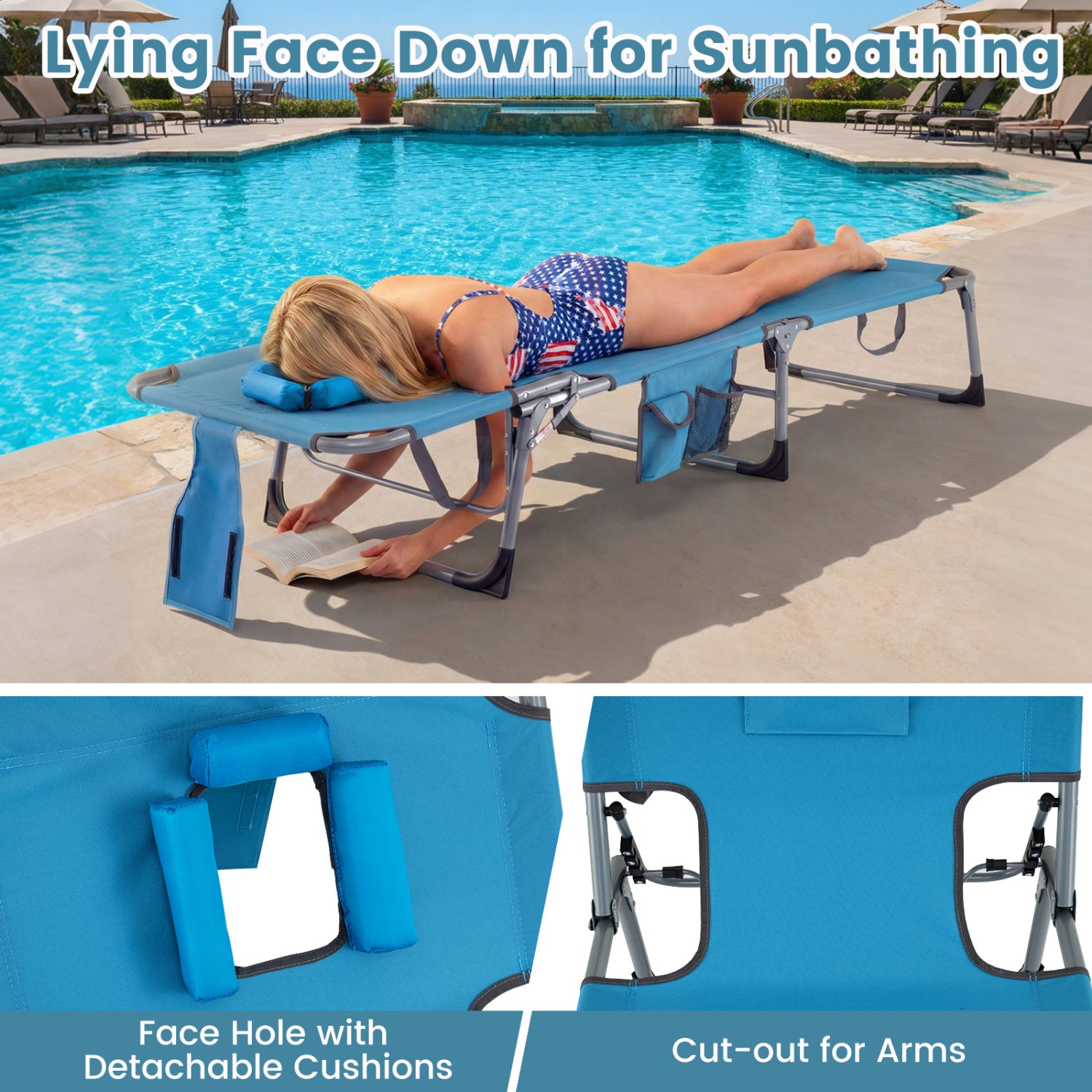 Folding Tanning Chair With Face Arm Holes, Navy Outdoor Chaise Lounges at Gallery Canada
