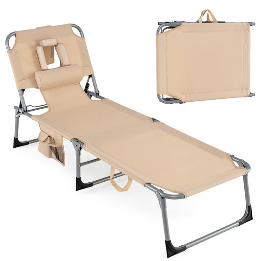 Folding Tanning Chair With Face Arm Holes, Beige Outdoor Chaise Lounges Beige at Gallery Canada