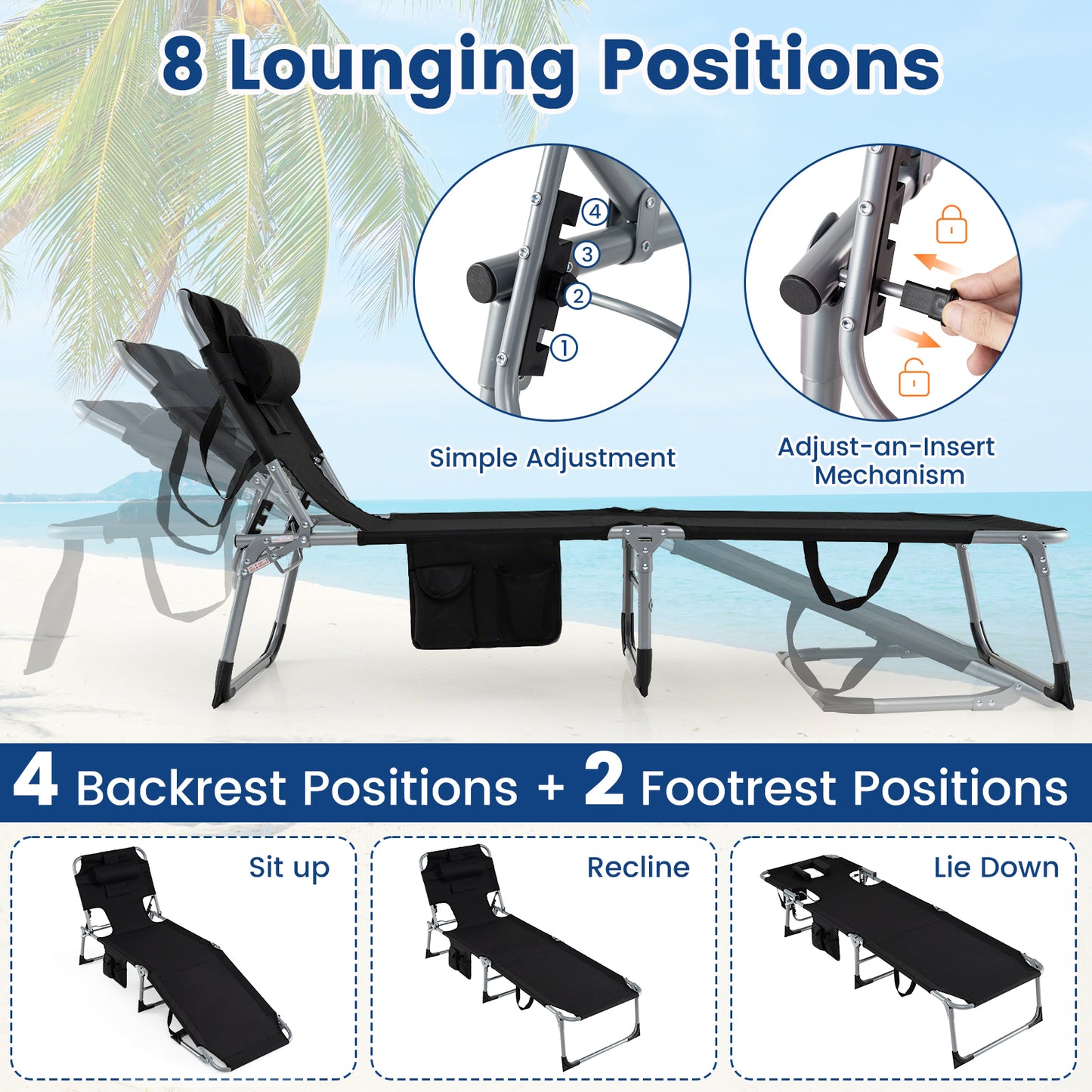 Folding Tanning Chair With Face Arm Holes, Black Outdoor Chaise Lounges at Gallery Canada