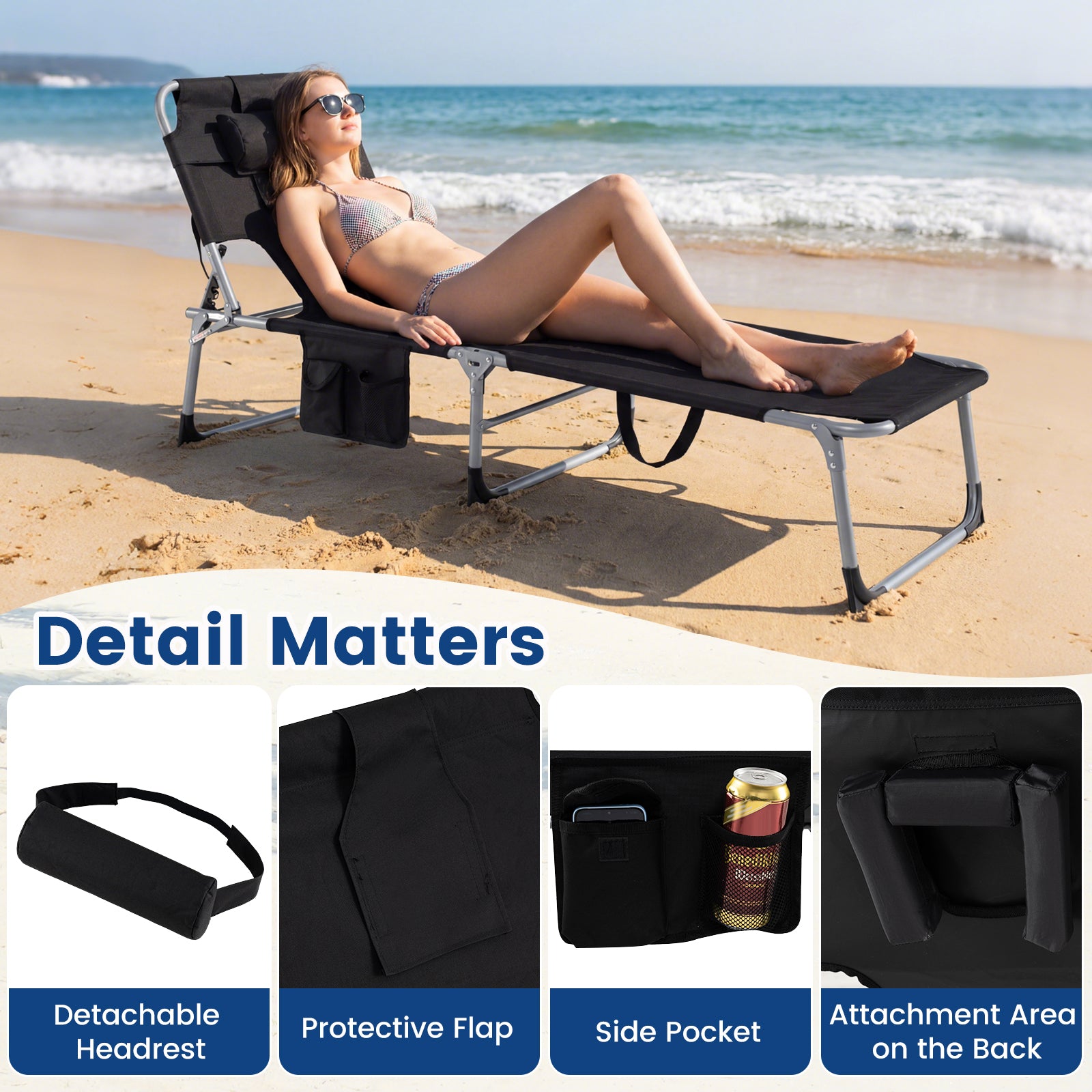 Folding Tanning Chair With Face Arm Holes, Black Outdoor Chaise Lounges at Gallery Canada