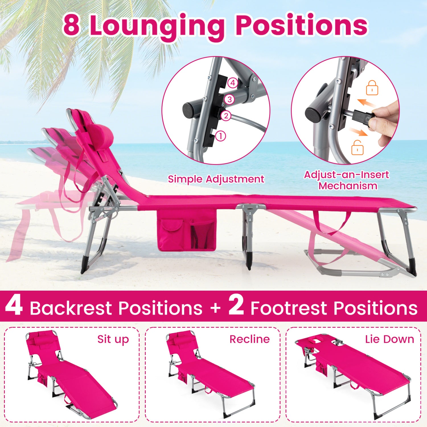 Folding Tanning Chair With Face Arm Holes, Pink Outdoor Chaise Lounges at Gallery Canada