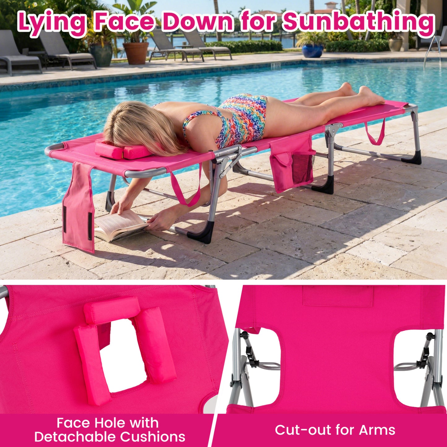 Folding Tanning Chair With Face Arm Holes, Pink Outdoor Chaise Lounges at Gallery Canada