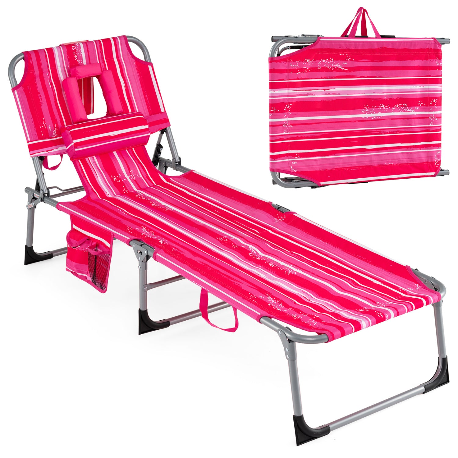 Folding Tanning Chair With Face Arm Holes, Stripe, Pink Outdoor Chaise Lounges Pink Stripe at Gallery Canada