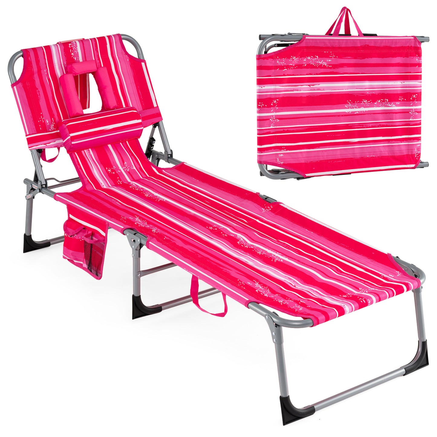 Folding Tanning Chair With Face Arm Holes, Stripe, Pink Outdoor Chaise Lounges Pink Stripe at Gallery Canada