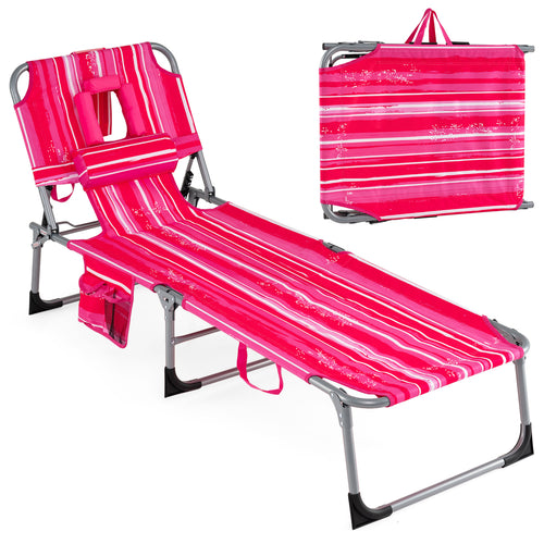 Folding Tanning Chair With Face Arm Holes, Stripe, Pink