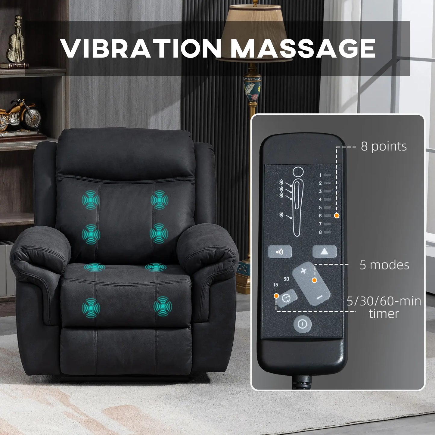 Manual Recliner Chair with Vibration Massage, Side Pockets, Microfibre Reclining Chair for Living Room, Black Single Sofas at Gallery Canada