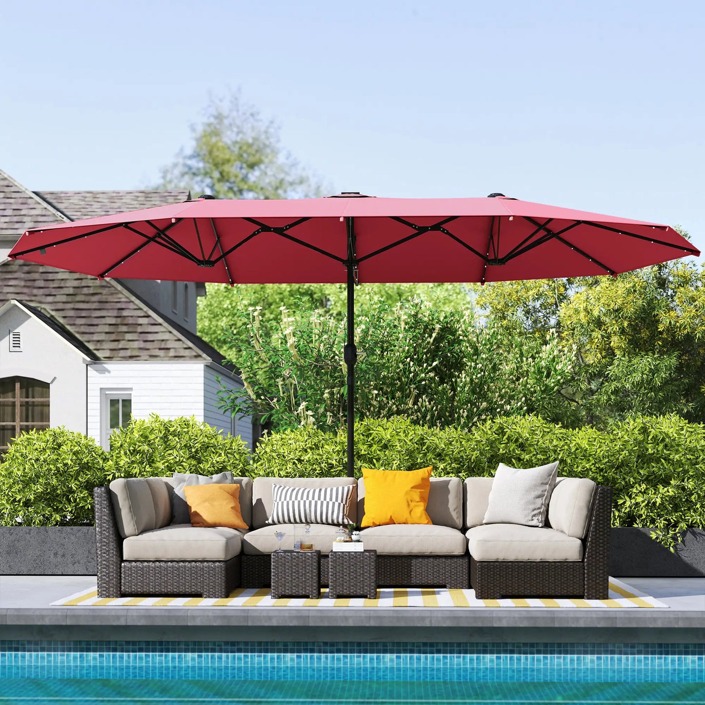 173.2" Double-Sided Sun Umbrella, LED Solar Light, No Base, Wine Red Double-sided Umbrellas at Gallery Canada