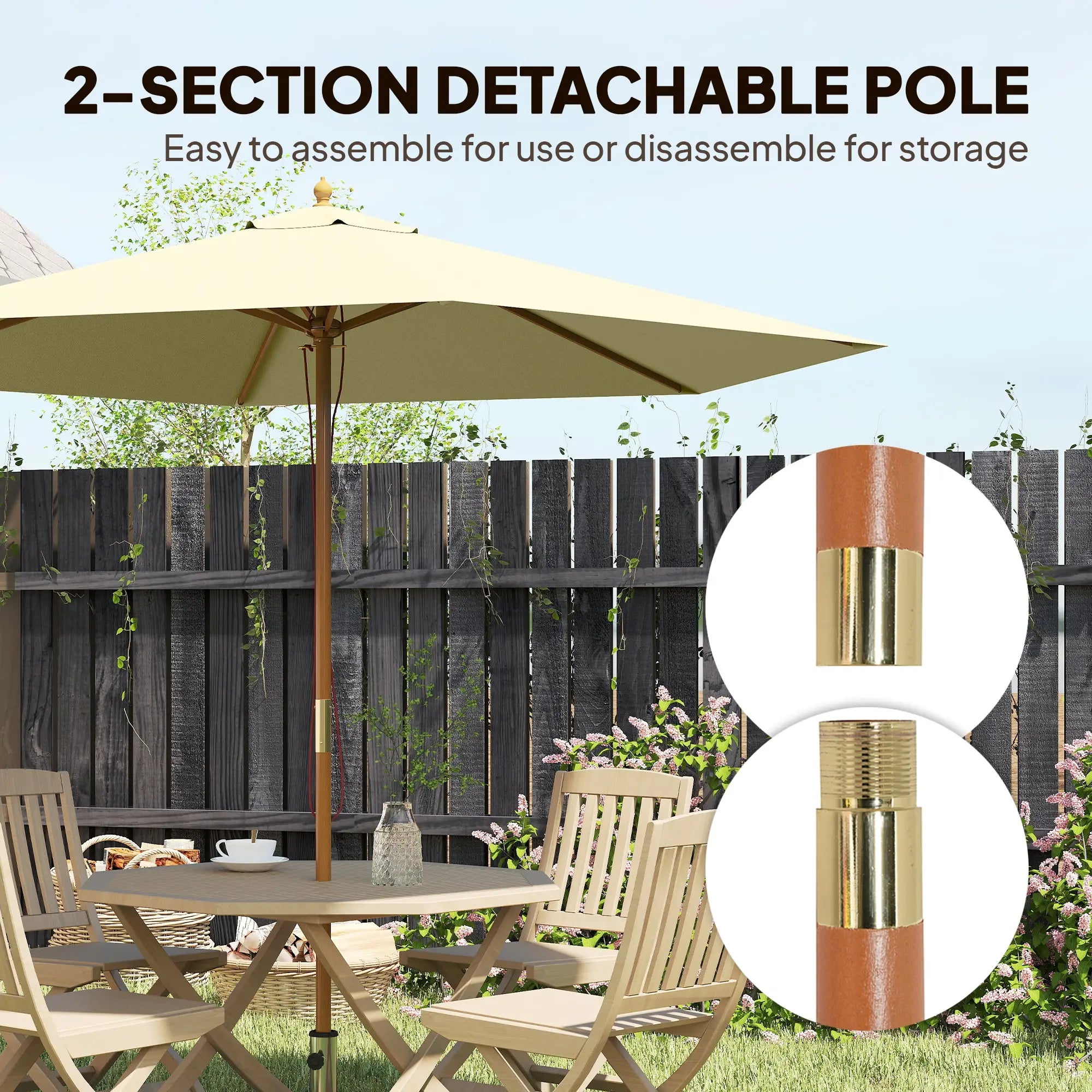 8FT Wood Market Umbrella, Round Garden Parasol, Bamboo Ribs, Cream White Sun Umbrellas at Gallery Canada