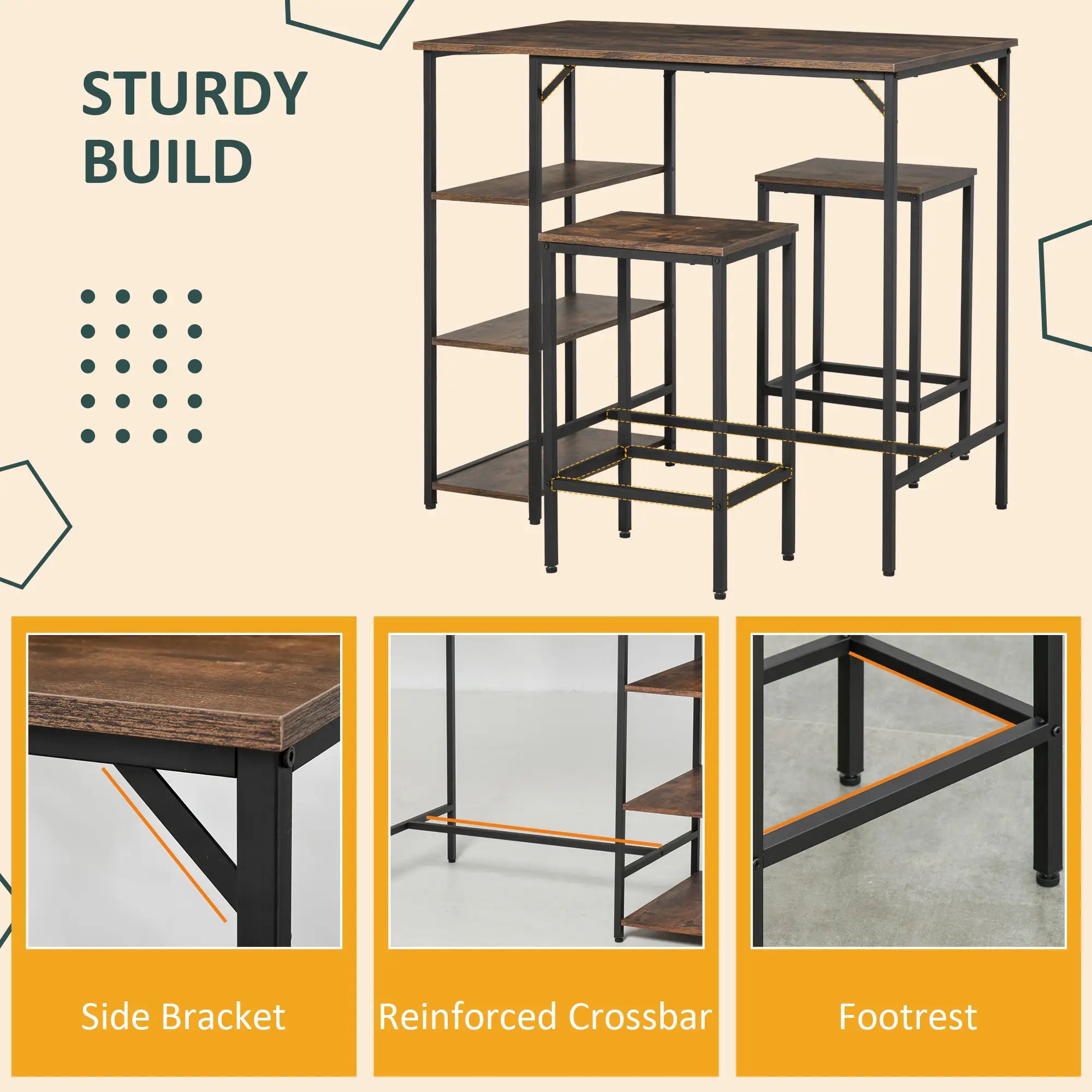 Industrial Dining Table Set for 2, Counter Height, Rustic Brown, Brown Bar Sets at Gallery Canada
