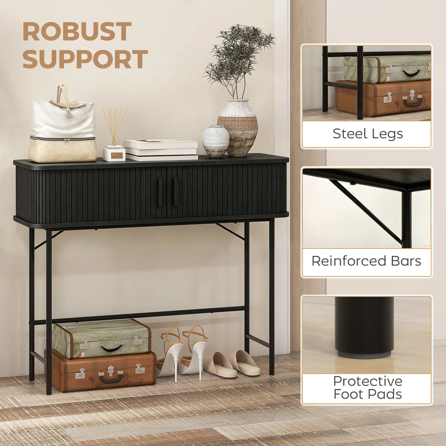Mid-Century Console Table, Narrow Entryway Table with Storage, Black