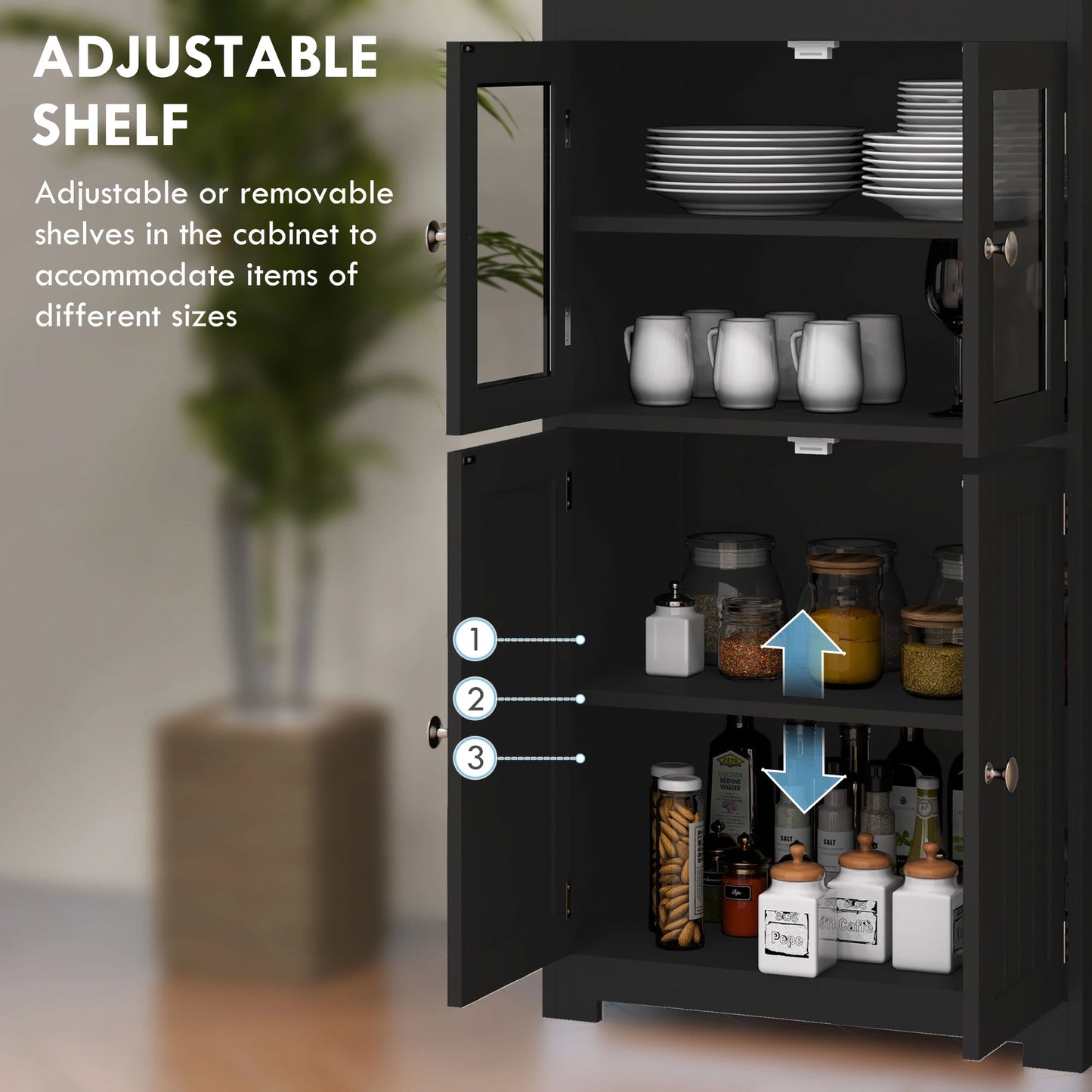 63" Small Buffet with Hutch, 4-Door Kitchen Pantry Cabinet, Black Kitchen Pantry Cabinets at Gallery Canada