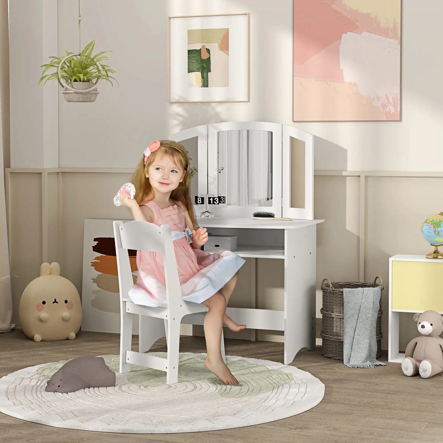 Kids Vanity Set, Tri-Folding Mirror, Stool, Storage Shelf Toy Vanity at Gallery Canada