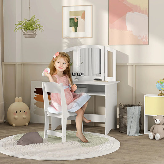 Kids Vanity Set, Tri-Folding Mirror, Stool, Storage Shelf Toy Vanity White at Gallery Canada