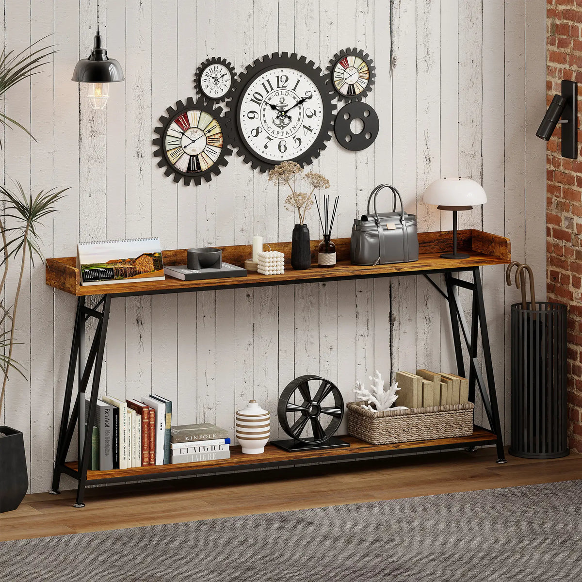 71 Inch Extra Long Console Table with Storage Shelf, Rustic Brown Console Tables at Gallery Canada