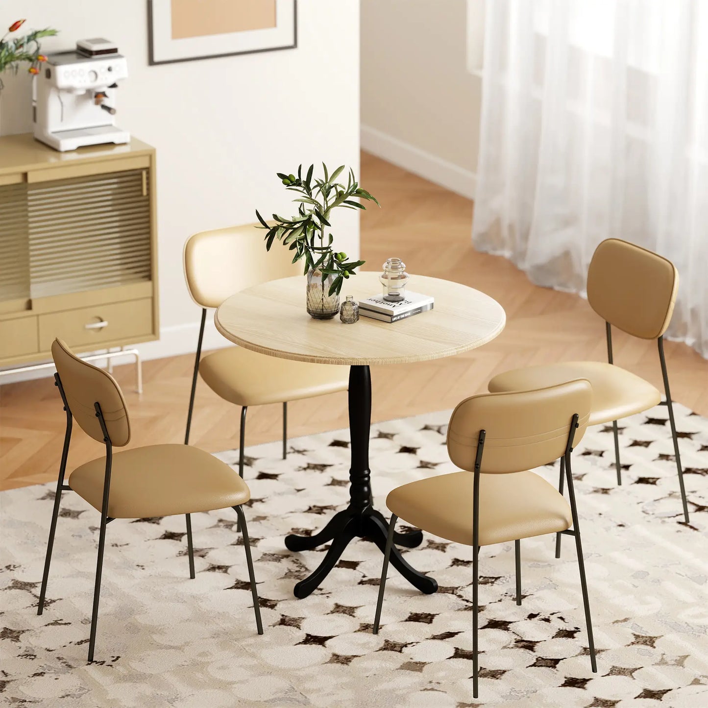 Modern Round Dining Table, 80cm, Natural Wood and Black, Black