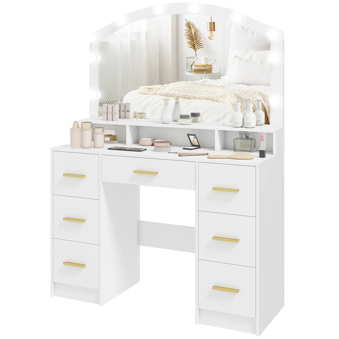 Makeup Vanity with Mirror, 10 LED Lights, 3 Color Adjustable, 7 Drawers, White Dressing & Vanity Tables White at Gallery Canada