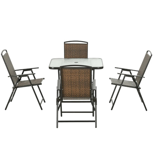 5-Piece Folding Rattan Patio Set, Table and 4 Chairs, Umbrella Hole, Tempered Glass Top, Dark Brown