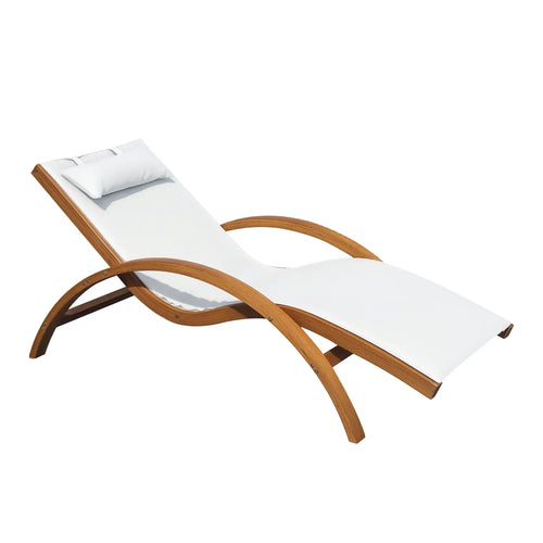 Outdoor Wood Sling Chaise Lounge, Garden Mesh Lounger, Cream