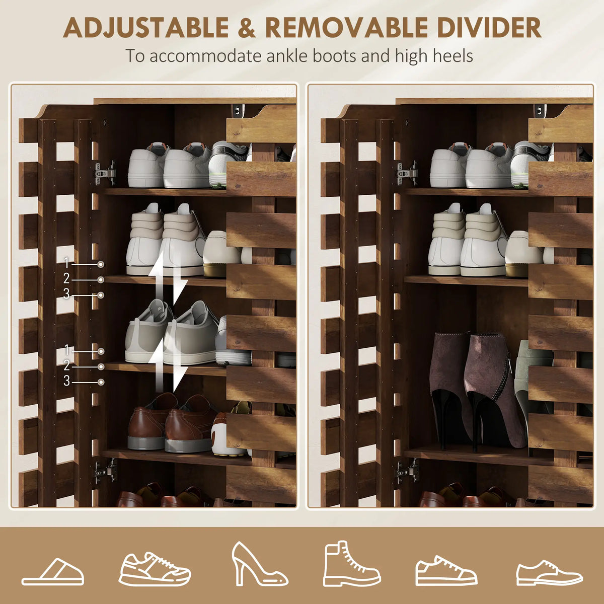 Armoire à chaussures, rangement 21 paires, portes évidées, marron vieilli