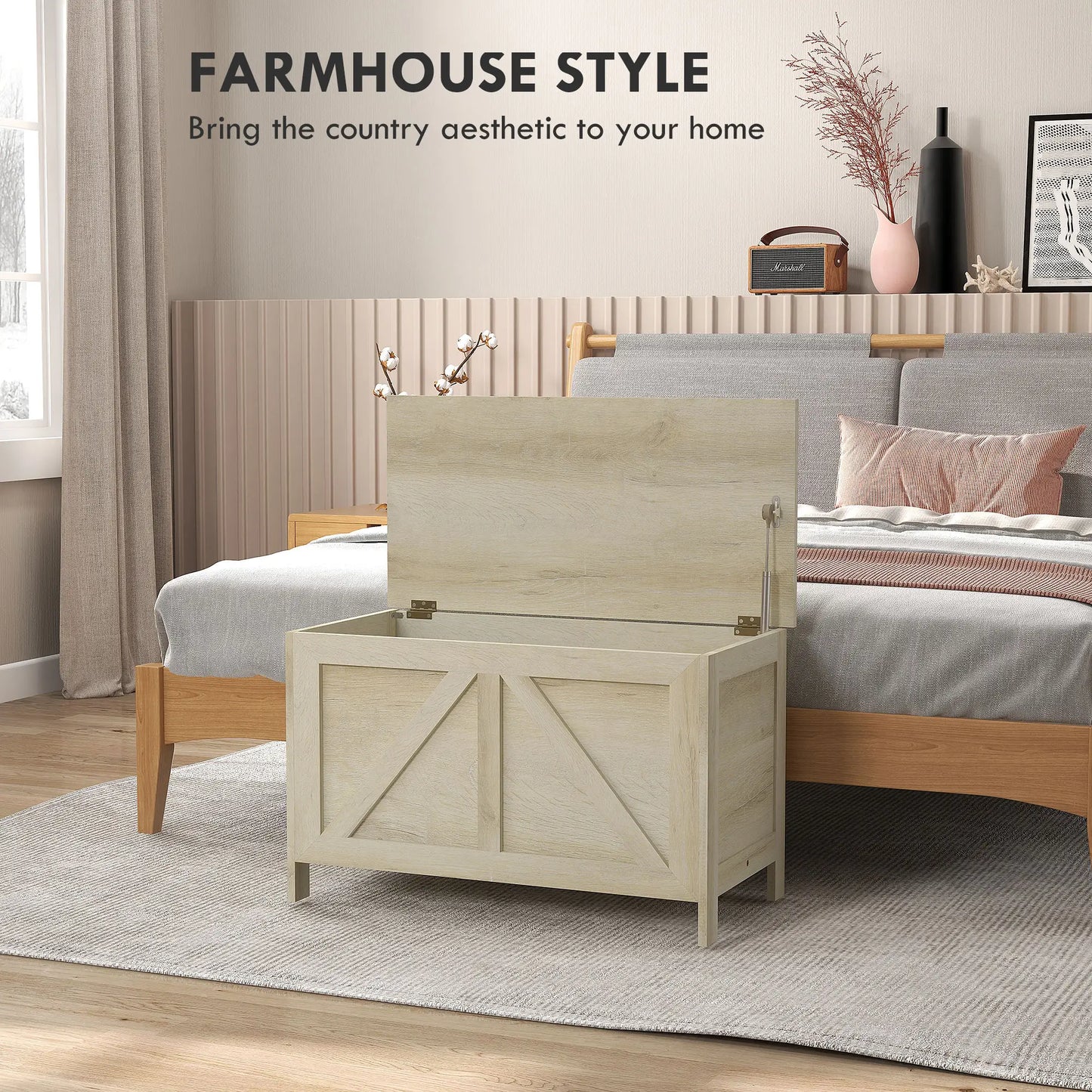 Farmhouse Storage Trunk Box Organizer, Safety Hinge, 100° Open Storage Cabinets at Gallery Canada