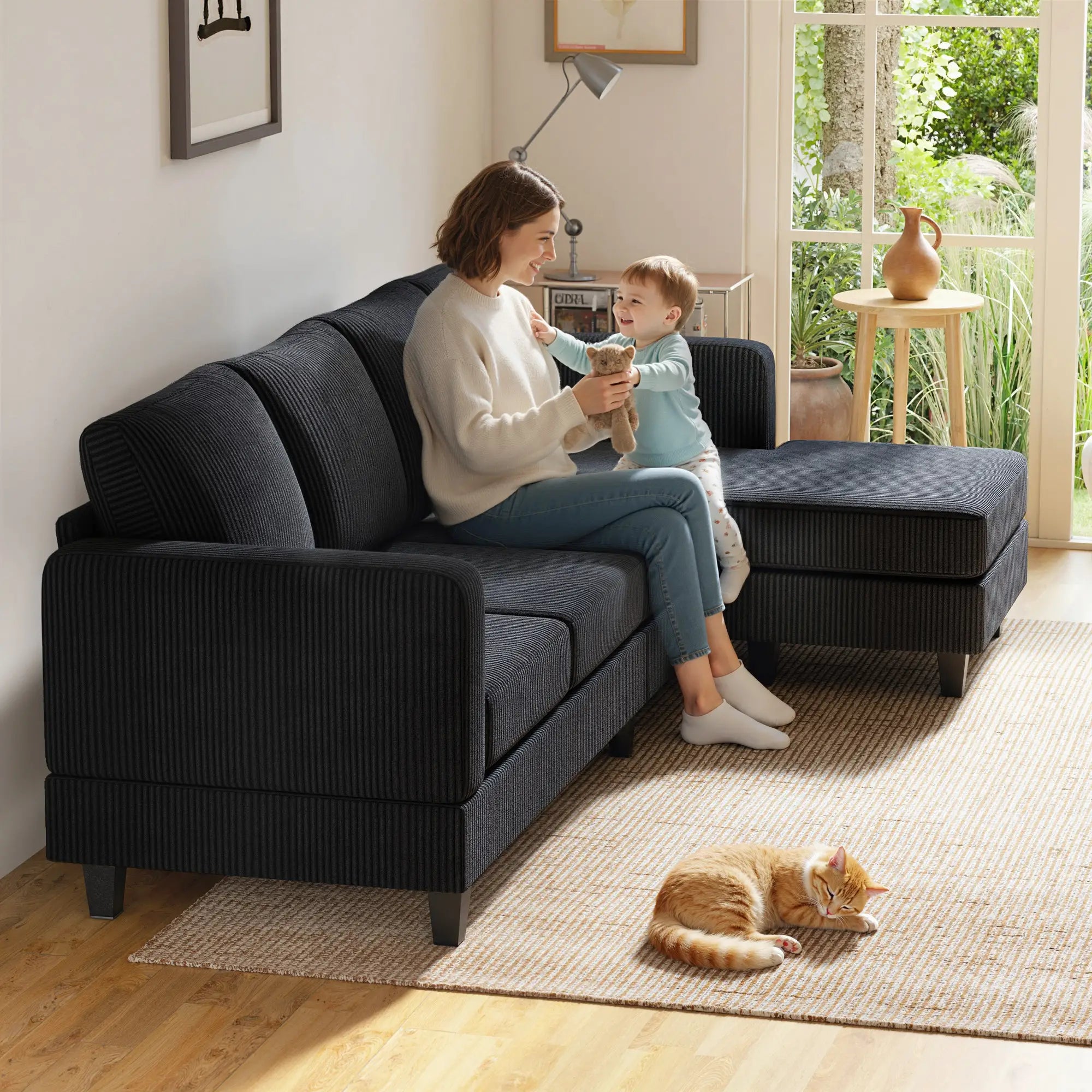 L Shaped Couch with Chaise Lounge, Spring Cushion, Charcoal Grey 3-Seater Sofas at Gallery Canada