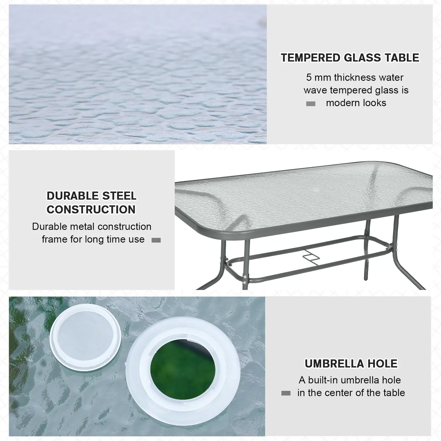 Metal Garden Dining Table, Outdoor Patio Table, Tempered Glass Top, 55" x 31.5" Patio Dinning Tables at Gallery Canada